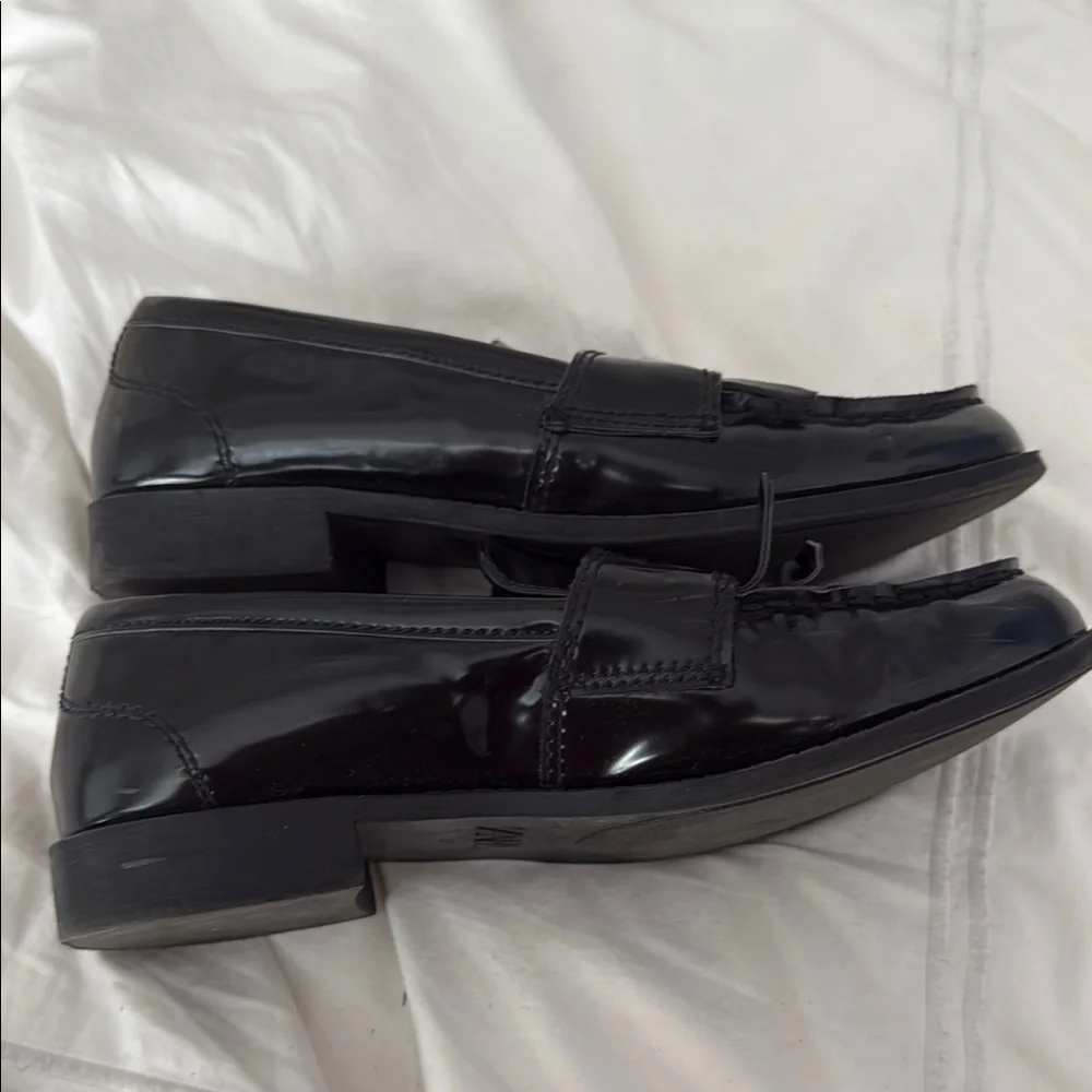 Zara Black Patent Leather Tassel Loafers with Gold Accent